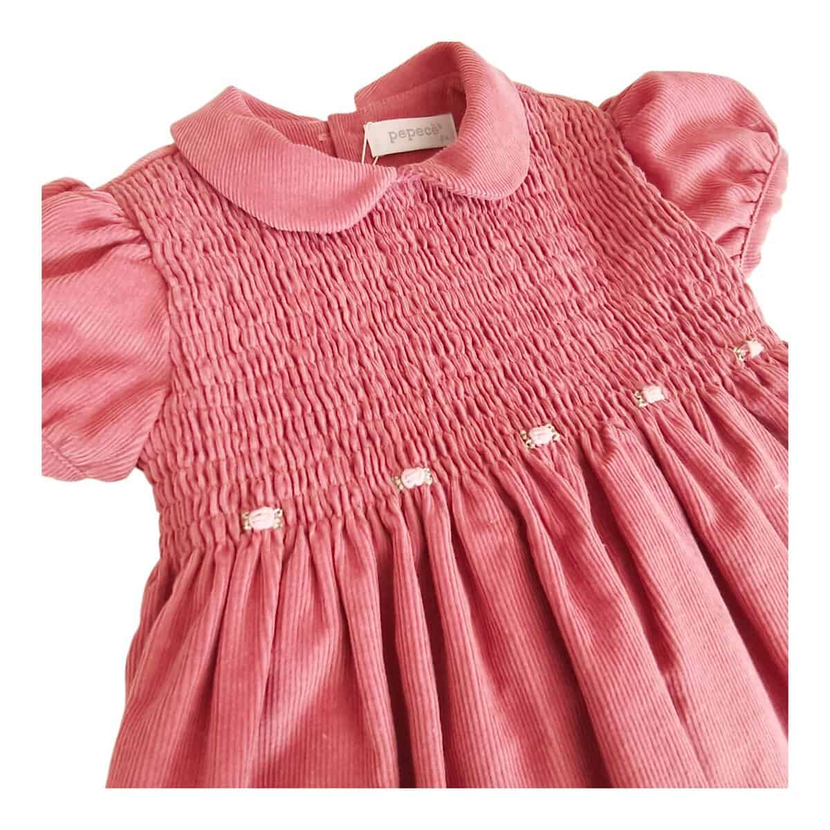 Abito in velluto millerighe con smock e ricamo